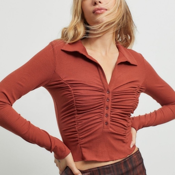 Urban Outfitters Tops - UO Rust Orange Aries Ruched Long-Sleeve Blouse Top Henley